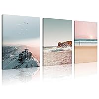 Natural art Snow Mountain Landscape Artwork Sea Wave Canvas Wall Art Pink Beach Canvas Painting Framed for Living Room Kitchen Office Bar Wall Decor 12x16Inchx3Panels