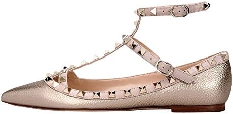 VOCOSI Women's Ankle Strap Studded Pointed Toe Pumps Rivets T-Strap Flat Pumps Dress