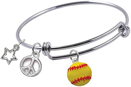 Expandable Wire Bangle bracelet with Silver Plated, Enameled Softball, Peace Sign and Star Charms, Qty. 1