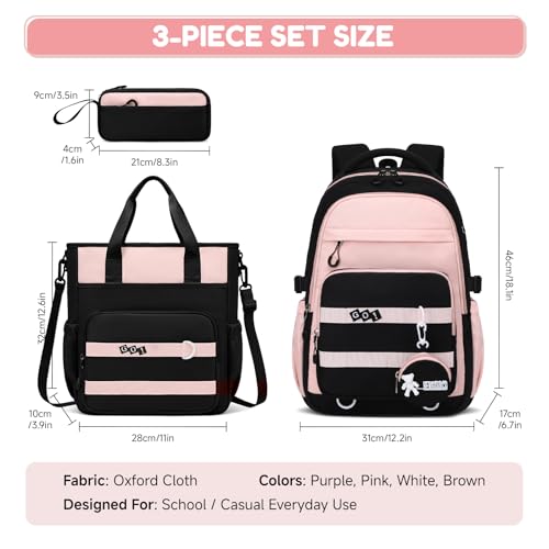 Amythe Backpack for Girls College 3 Piece School Bag Set - Girl's School Backpack+Shoulder Bag+Pencil Case - Large Waterproof School Bag for Teenagers 10-16 Years -Pink