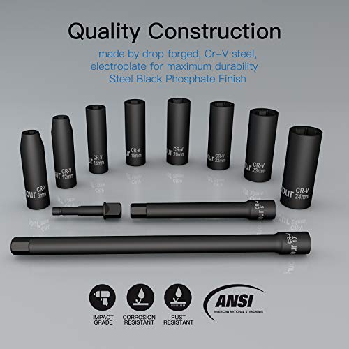 Ginour 1/2-Inch Drive Deep Impact Socket Set,19-Piece,Metric, CR-V, 6 Point, 8mm - 24mm,16-Sockets - Thumbnail 5