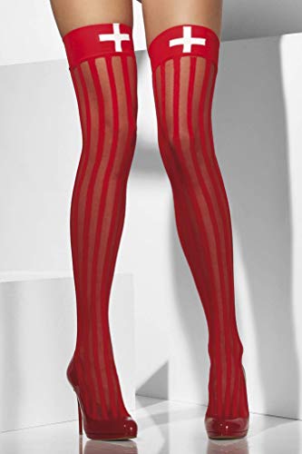 Fever Womenâ€™s Sheer Hold-Ups with Vertical Stripes, Red with White Cross Print, One Size,5020570427644