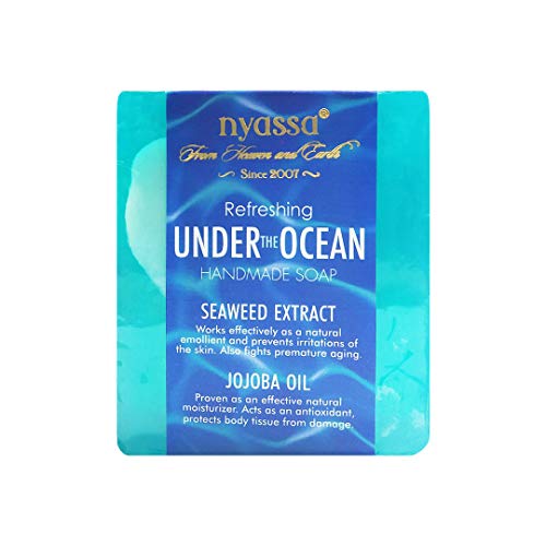 Nyassa Under the ocean Handmade Sugar Soap 150 gm from India with natural ingredients and a fresh aquatic fragrance. Enriched with goodness of Seaweed Extract and Jojoba oil. No Paraben, Cruelty Free