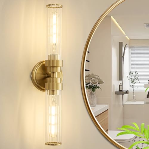 Vaziden - Lámpara de pared dorada para baño, 2 unidades, lámpara de cambiador de vidrio roscada, iluminación moderna para baño, sala de estar, pasillo, recámara
