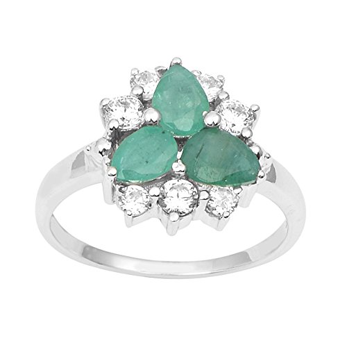 Shine Jewel 92.5 Sterling Silver Genuine Emerald Gemstone With White Topaz Flower Ring