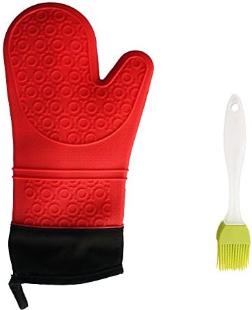 1 PCS Extra Long Double-layer Heat Resistant Gloves/BBQ Gloves / Oven Gloves(Red)-with Brush as Bonus