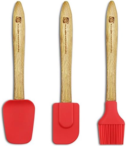 Brush Spoonula Spatula, 3 piece Heat Resistant Non-Stick Silicone Rubber Kitchen Utensils Set with ACACIA Wood Handle, Red
