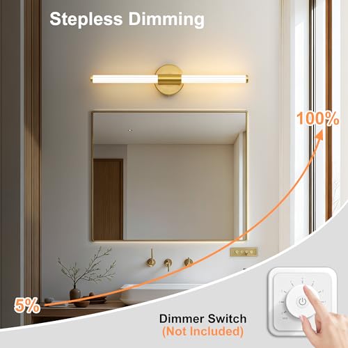 Dimmable LED Oro Baño Vanidad Luces 360 ° Iluminación Completa Baño Lámparas Sobre Espejo 22 pulgadas Moderno Vanidad Barra de Luz Luz Cálida | Luz de baño brillante de 360°, luz de cambiador regulable, aplique de pared con cable 3000 K, blanco cálido para espejo