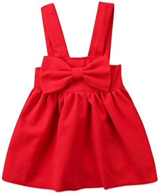 hirigin Toddlers Girls Suspender Skirt Xmas Outfit Red Bowknot Knee-Length Braces Dress Overalls (Red, 6T)