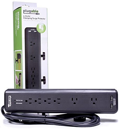 Plugable 6 AC Outlet Surge Protector with Clamp Mount for Workbench or Desk. Built-In 10.5W 2-Port USB Charger for Android, Apple iOS, and Windows Mobile Devices