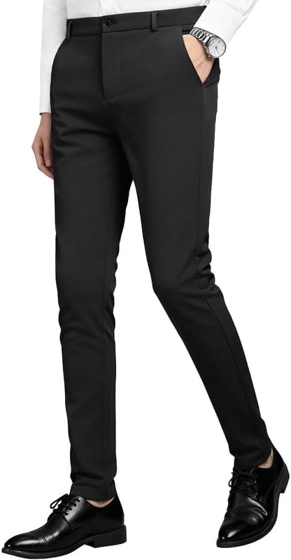 Ntrlv Men's Slim Fit Stretch Dress Pants Business Casual Skinny Tapered Chinos Trousers with Expandable Waist, Black-S at Amazon Men's Clothing store