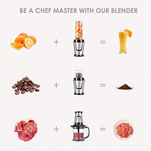 Blender Personal Smoothie Blender (BPA free), 5 in 1 Personal Kitchen Assistant with 304 Stainless Steel Blade for Blending, Grinding and Food Processing, 600ml Portable Bottle, 500W, Deik