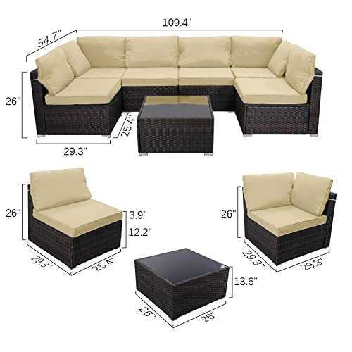 LeveLeve 7 Piece Wicker Patio Furniture Set PE Wicker Rattan Patio Set Porch Furniture, Cushioned Patio Chairs Outdoor Chat Conversation Set, Brown… (Sand)