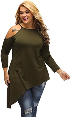 Olive Green 2XL Asymmetric Hem Cold Shoulder Plus Size Top Blouse Casual Shirt Spring Top