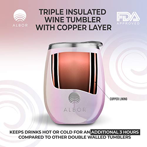 Albor Triple Insulated Wine Tumbler with Lid Stainless Steel 12 Oz Tumbler Glitter Blush