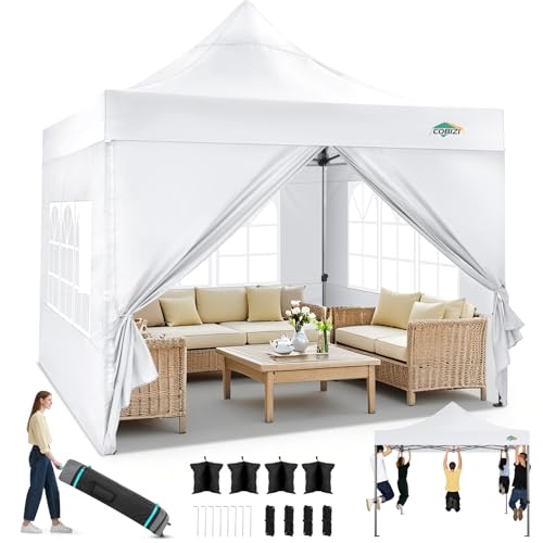 COBIZI Tonnelle Pliante 3x3m, étanche, Stable, résistante à l'hiver, pour l'extérieur, Pliable, Protection UV 50+, 3 hauteurs, Tonnelles avec 4 Panneaux latéraux et 4 Sacs de Sable,Blanc