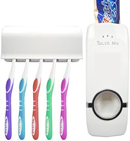 Corner Biz Bath - Wall Mounted Automatic Toothpaste Dispenser Toothpaste Squeezer and 5 Toothbrush Toothbrush Holder White Set