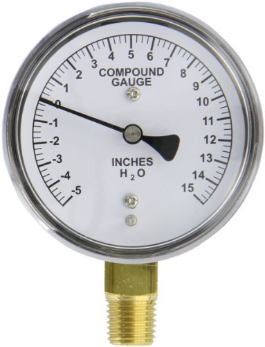 PIC Gauge LP1-254-5-0-15 2.5" Dial, 5/0/15" wc psi Range, 1/4" Male NPT Connection Size, Bottom Mount Dry Non-Fillable Low Pressure Gauge with a Chrome Case, Brass Internals, and Plastic Lens