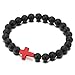 COOLSTEELANDBEYOND Mens Women Stretchable Matt Black Onyx Beads Bracelet with Charm of Red Cross, Prayer Mala