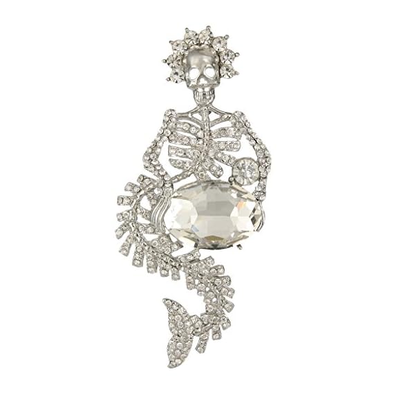 EVER-FAITH-Rhinestone-Crystal-42-Inch-Halloween-Skull-Mermaid-Brooch-Pin-Clear-Silver-Tone