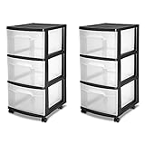 STERILITE 3-Drawer Storage Cart, Clear with Black Frame (2-Pack) | 2 x 28309002
