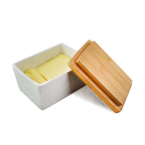 Butter Dish with Bamboo Lid Butter Keeper Porcelain Food Storage Container Candy Box Heat Resistant to 900 Degree Baking Dish Baker(500ml)