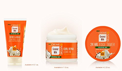 (LIMITED HOLIDAY VALUE SET) CREME OF NATURE Certified Natural Coconut Milk Shine and Hold Control Glue (5.1oz) + Curl Repair Leave-In (11.5 oz) + 24 Hour Edge Tamer (2.25 oz)