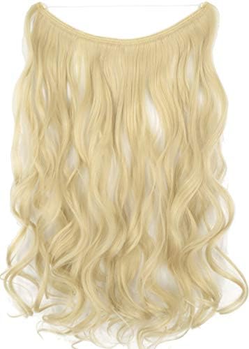 20''-Curly 56 Colors Fish Line Halo Hair Extensions Invisible Wire Line Hidden No Clips Synthetic Wavy Hairpieces 80G Per Piece (#22/613 Light honey blonde mix Bleach blonde)