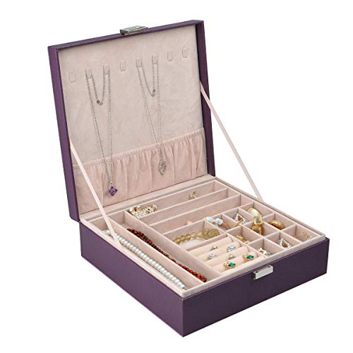 Nirong Lavie Women's Jewelry Box 2 Layer Faux Leather Square-Shaped Lockable Jewelry Storage Organizer Display Case/ Box Travel Mini Jewelry Case Gifts (Purple)