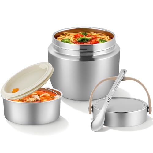 1.2L Adult Food Thermos Flask Stainless Steel Thermal Container with Spoon and Handle, Wide Mouth, Vacuum Insulated for Hot Food for Kids and Adults (Silver)