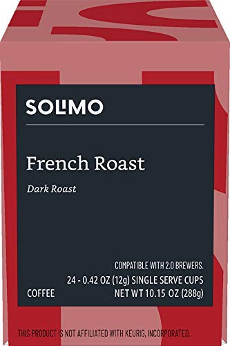 AMAZON BRAND – SOLIMO DARK ROAST COFFEE PODS, FRENCH ROAST, COMPATIBLE WITH KEURIG 2.0 K-CUP BREWERS, 24 COUNT