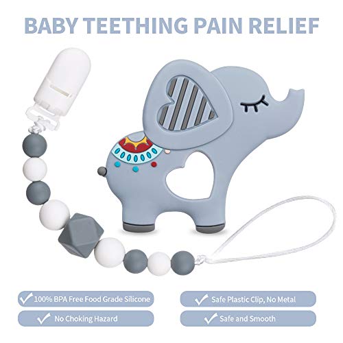 AmazingM Baby Teething Toys,Food Grade Silicone Elephant Teether Toy with Pacifier Clip Holder Set for Newborn Babies,BPA Free,Freezer Safe (Grey)