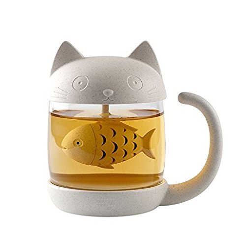 Cute Cat Glass Cup Tea Mug With Fish Tea Infuser Strainer Filter(Cat Cup)