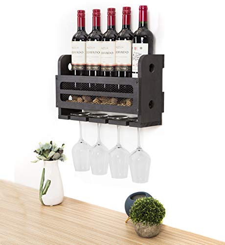 SODUKU Wall Mounted Wooden Wine Rack 5 Wine Bottles and 4 Stem Glasses Holder Wine Cork Storage Rack Espresso - Thumbnail 7