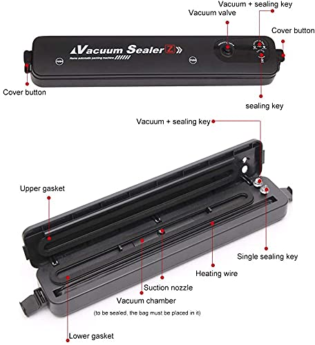 Macchina Sottovuoto per Alimenti, 2 in 1 Professionale Sottovuoto Macchina, Automatica Portatile Macchina Sottovuoto, Macchina per Sottovuoto Foodsaver con 10 Sacchetti (Nero)