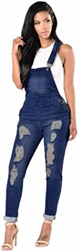 Qisc Jeans, Women's Denim Bib Overall Stretch Twill Adjustable Strap Ripped Jumpsuit (XXXL, Deep Blue)