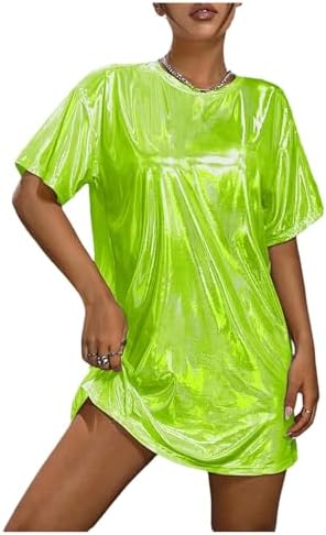 iridescent t shirt dress SHEIN ICON Women's Pink Iridescent Mini Dress: Casual Short Sleeve Round Neck Knitted Fabric Dress With A Straight Hem For A Look