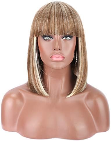 Kalyss 14'' Short Straight Bob Cut Wig with Bangs Premium Heat Resistant Yaki Synthetic Straight Hair Replacement Wigs for Women (Mix Blonde)