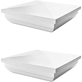 QWORK Vinyl Fence Post Cap, 2 Pack 5" x 5" PVC Square Fence Post Top Cover, New England Pyramid Style, for Mailbox, Lamp Post, Deck, Dock, Piling Caps, White