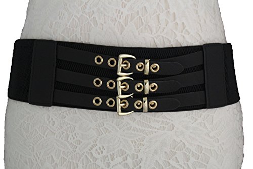 TFJ Women Fashion Corset Belt Hip High Waist Faux Leather 3 Gold Buckles Black M L