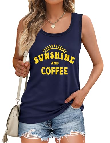 LOMON Tank Tops for Women 2025 Sleeveless Summer Beach Tops Sunshine Letter Print T Shirts Navy Blue Sunshine L at Amazon