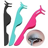 SOOKOO 3 Pieces Stainless Steel False Eyelashes Extension Applicator Remover Clip Tweezers Nipper Tool, Hot Pink+Black+Blue
