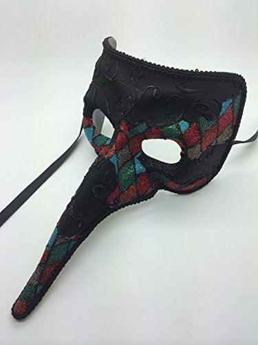 Laser Cut Medieval Plague Doctor Face Design Masquerade Halloween Mask - Black w/ Rainbow Checker Pattern