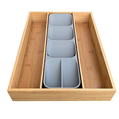 Simhoo Bamboo Kitchen Silverware Drawer Organizer/Utensil and Cutlery Tray/Flatware Divider Oranization with Plastic Storage