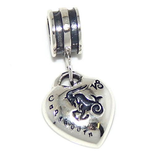 Solid 925 Sterling Silver Dangling Capricorn Zodiac Sign Heart Charm Bead 122 for European Snake Chain Bracelets