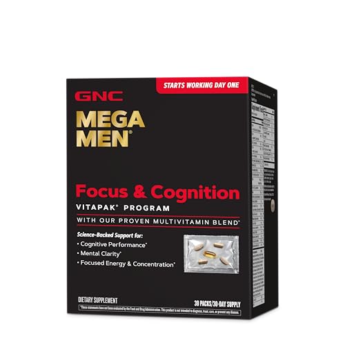 GNC Mega Men Focus and Cognition Vitapak Program, Convenient, Complete Nutrition, 3 Products in 1 Packet, Clarity, Focus, Energy, Concentration, Works on Day One, 100mg Caffeine, 30 Daily Packs
