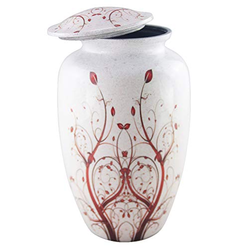 M MEILINXU Funeral Urns for Adults Ashes, Cremation Urn for Human Ashes - Memorials Urns for Ashes -Display Burial Urn at Home or in Niche at Columbarium (Red Flower of Life, Aluminum Large White Urn - Thumbnail 2