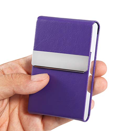 JuneLsy Business Card Holder Case - Professional PU Leather Business Card Case Metal Name Card Holder Pocket Business Card Carrier for Men & Women with Magnetic Shut (S-Purple)
