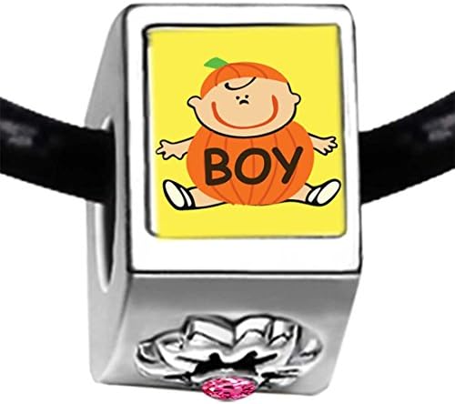 Silver Plated Cute Pumpkin Boy Photo Light Rose Crystal October Birthstone Flower Bead Charm Bracelets