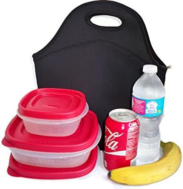 Black Extra Large XL Neoprene Lunch Bag easily stretches to accommodate several plastic lunch containers, snacks and beverages upright due to the flat bottom. Insulated Waterproof Durable Neoprene